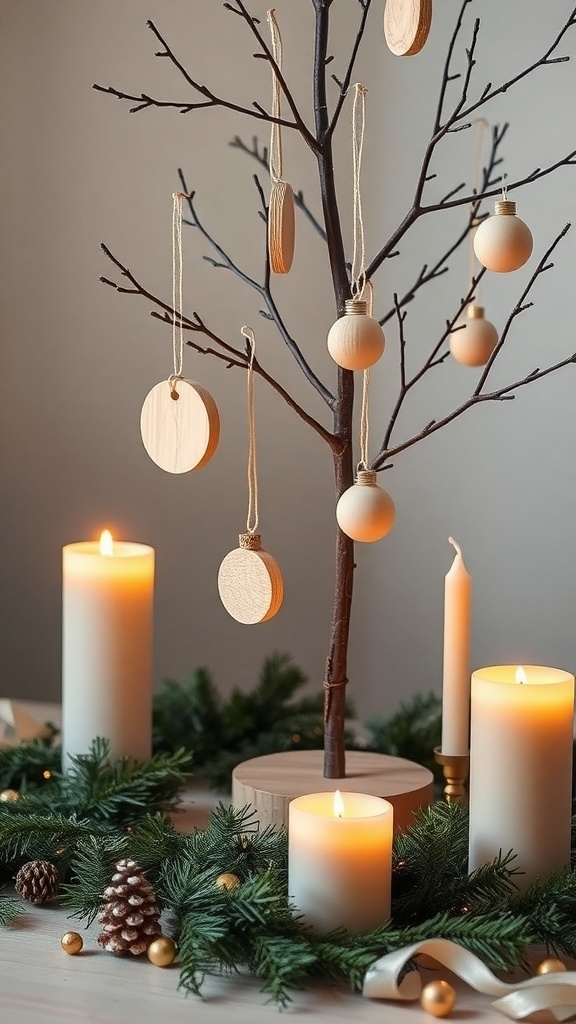 Minimalist Christmas decorations with wooden ornaments, greenery, and candles.